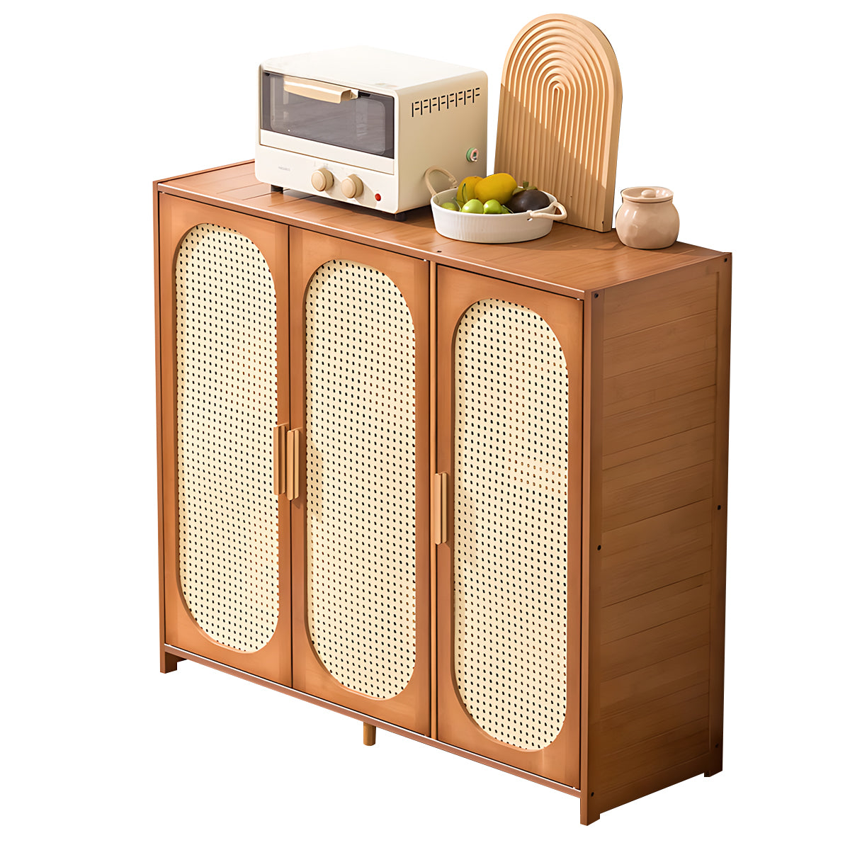 Retro Bamboo Buffet Cabinet, Faux Rattan Doors, Ample Storage for Home