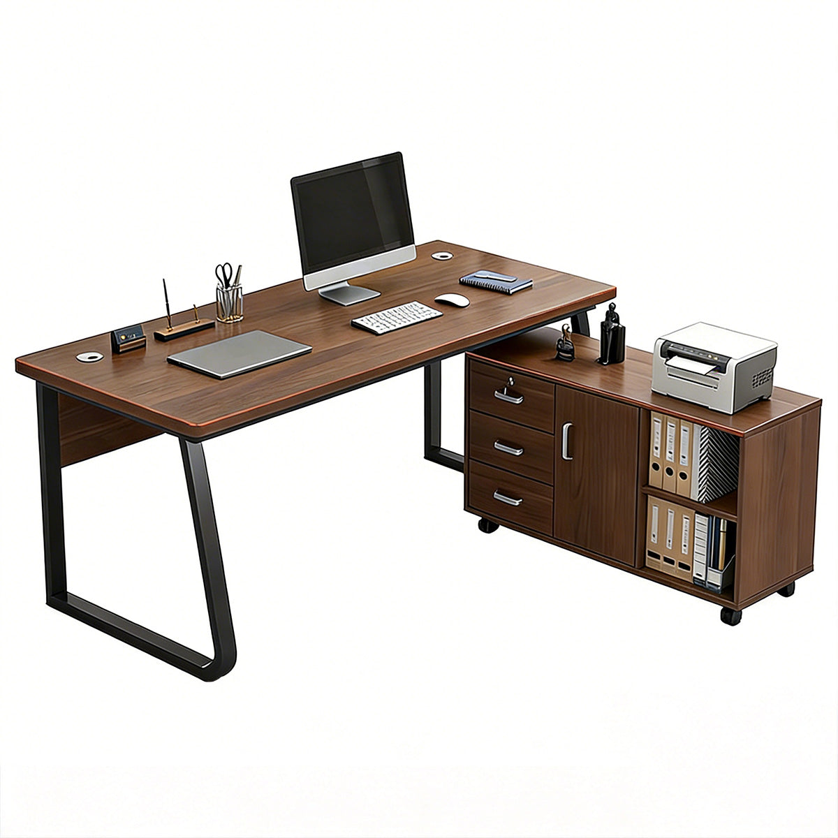 Sturdy Office Desk with Mobile Side Cabinet and Steel Legs for Workspace