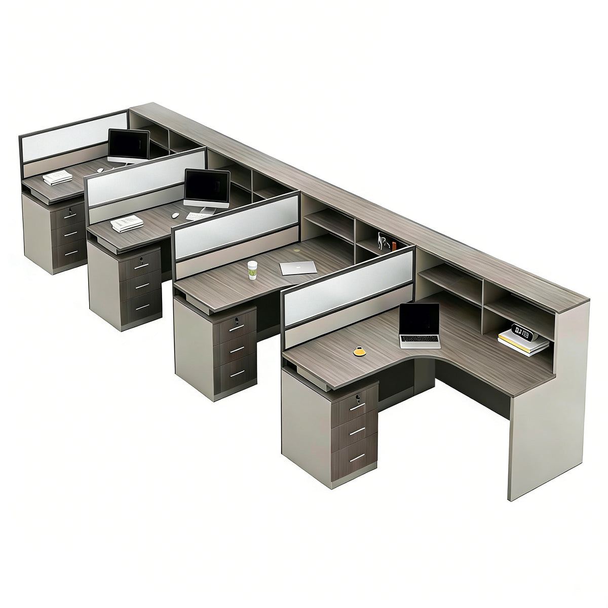 Minimalist Desk with Screen Dividers and High Cabinets