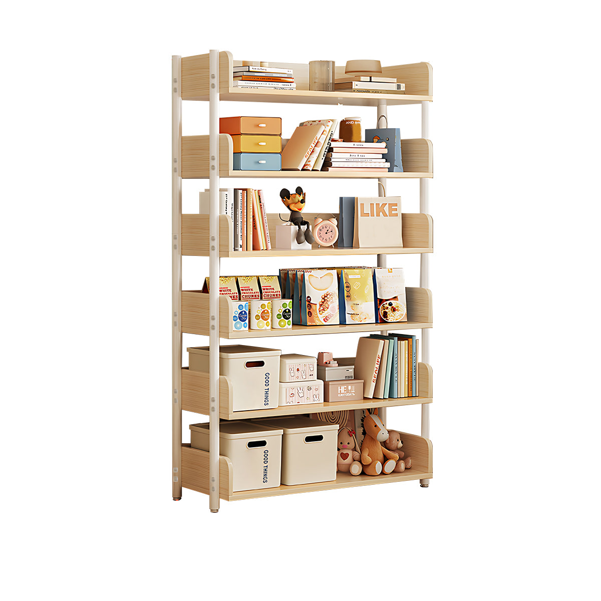 Minimalist Wood Bookshelf with Multi-Layer Storage and Anti-Fall Panels
