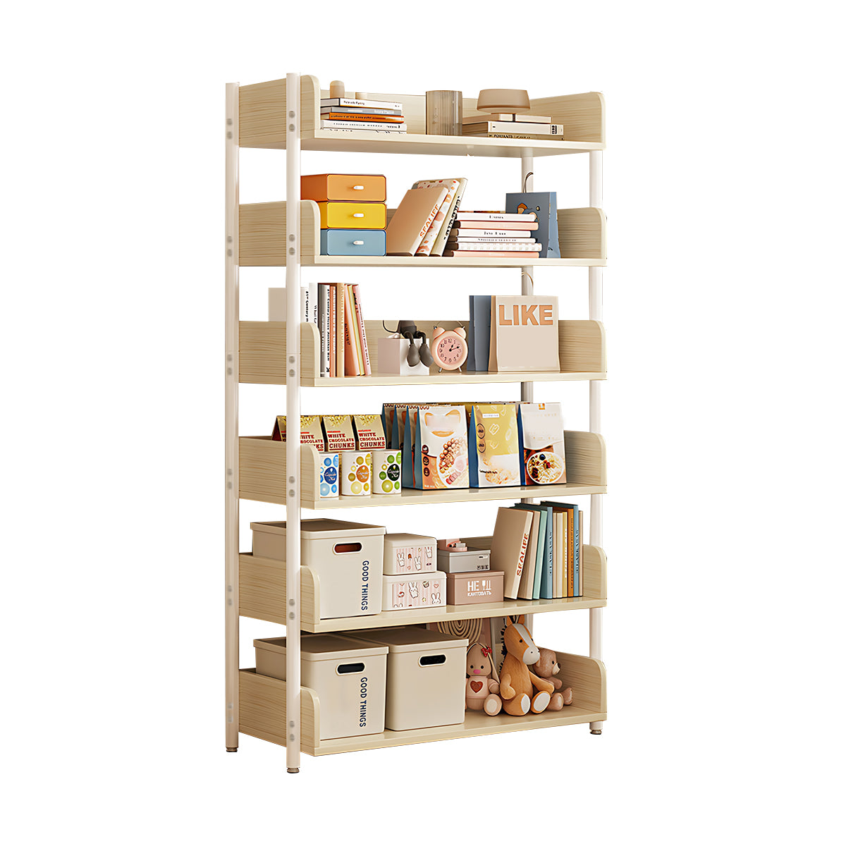 Minimalist Wood Bookshelf with Multi-Layer Storage and Anti-Fall Panels