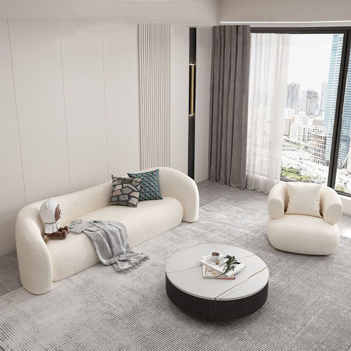 Lamb Wool 3-Seater Soft Sofa with Curved Back for Living Room