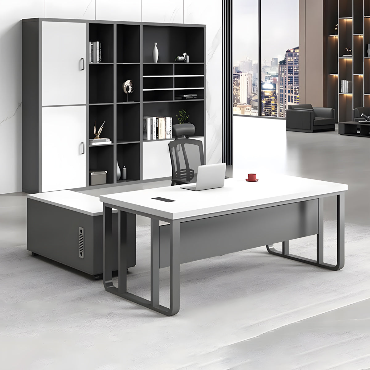 Executive Desk For Work Office Desk With side cabinet For PC With Vent Curtain Board with Wiring BOX