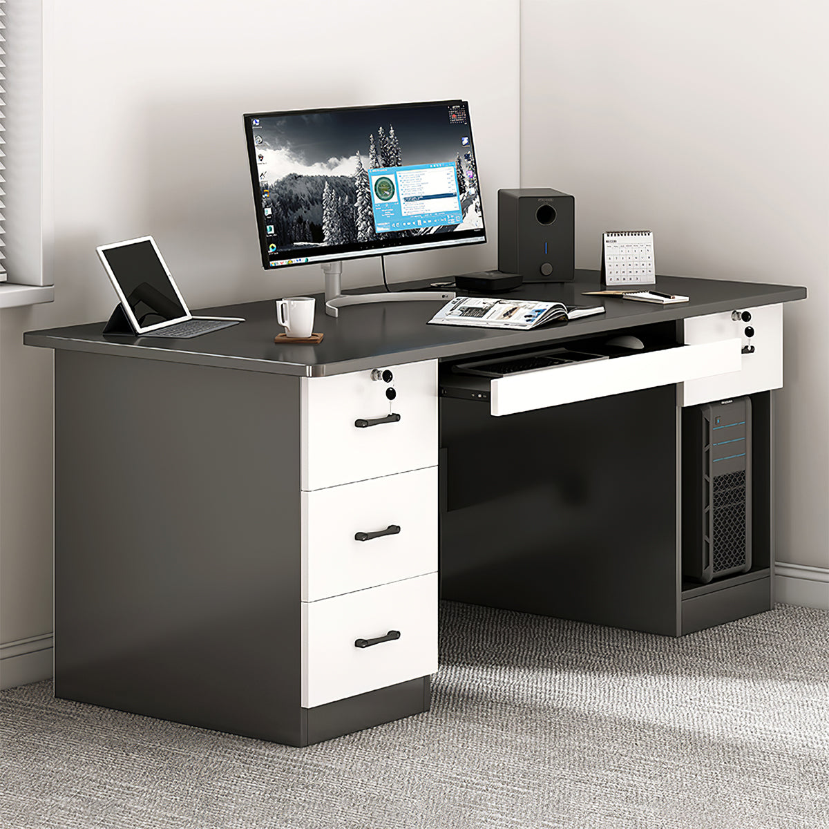 Minimalist Computer Desk with Storage Drawers for Home and Office