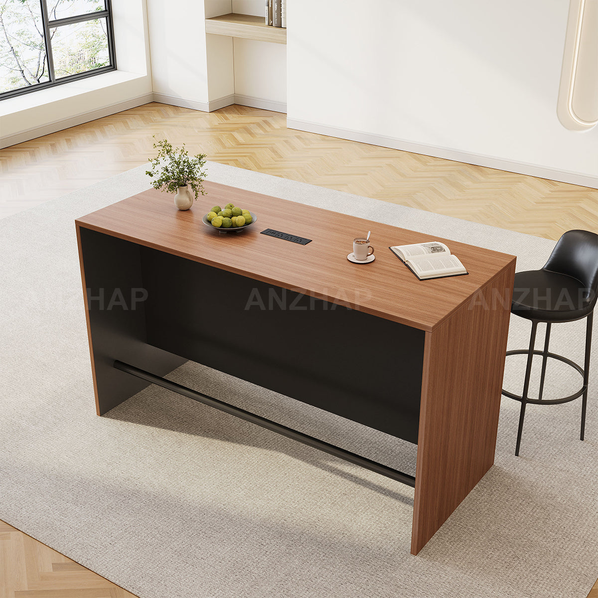 Contemporary 71" L Bar Height Table with Smart Charging Cable Box, Reinforced Front Panel for Office Break Rooms, Lounge Areas, Home Bars & Cafes (In Stock)