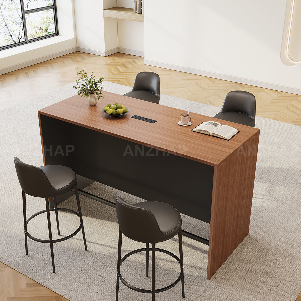 Contemporary 71" L Bar Height Table with Smart Charging Cable Box, Reinforced Front Panel for Office Break Rooms, Lounge Areas, Home Bars & Cafes (In Stock)