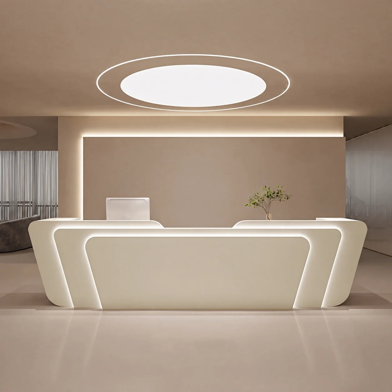 Curved Reception Desk 71-150 in Wide with LED Lighting, Stainless Steel & Lockable（Stock Items）