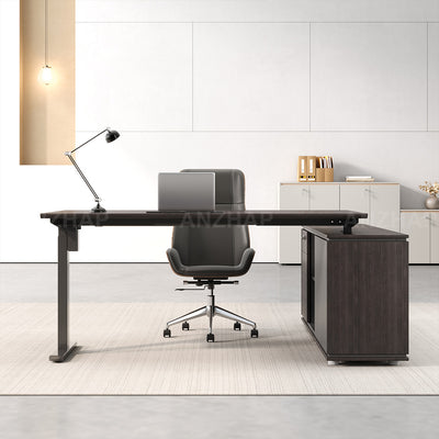 Electric Height-Adjustable Executive Desk with Power Outlet and Side Storage Cabinet (In Stock)