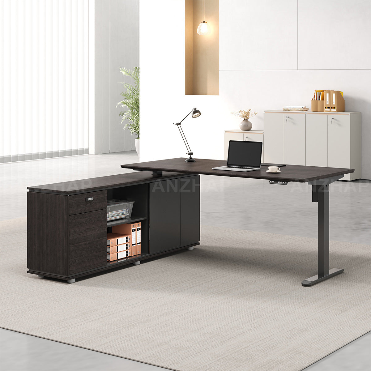 Electric Height-Adjustable Executive Desk with Power Outlet and Side Storage Cabinet (In Stock)