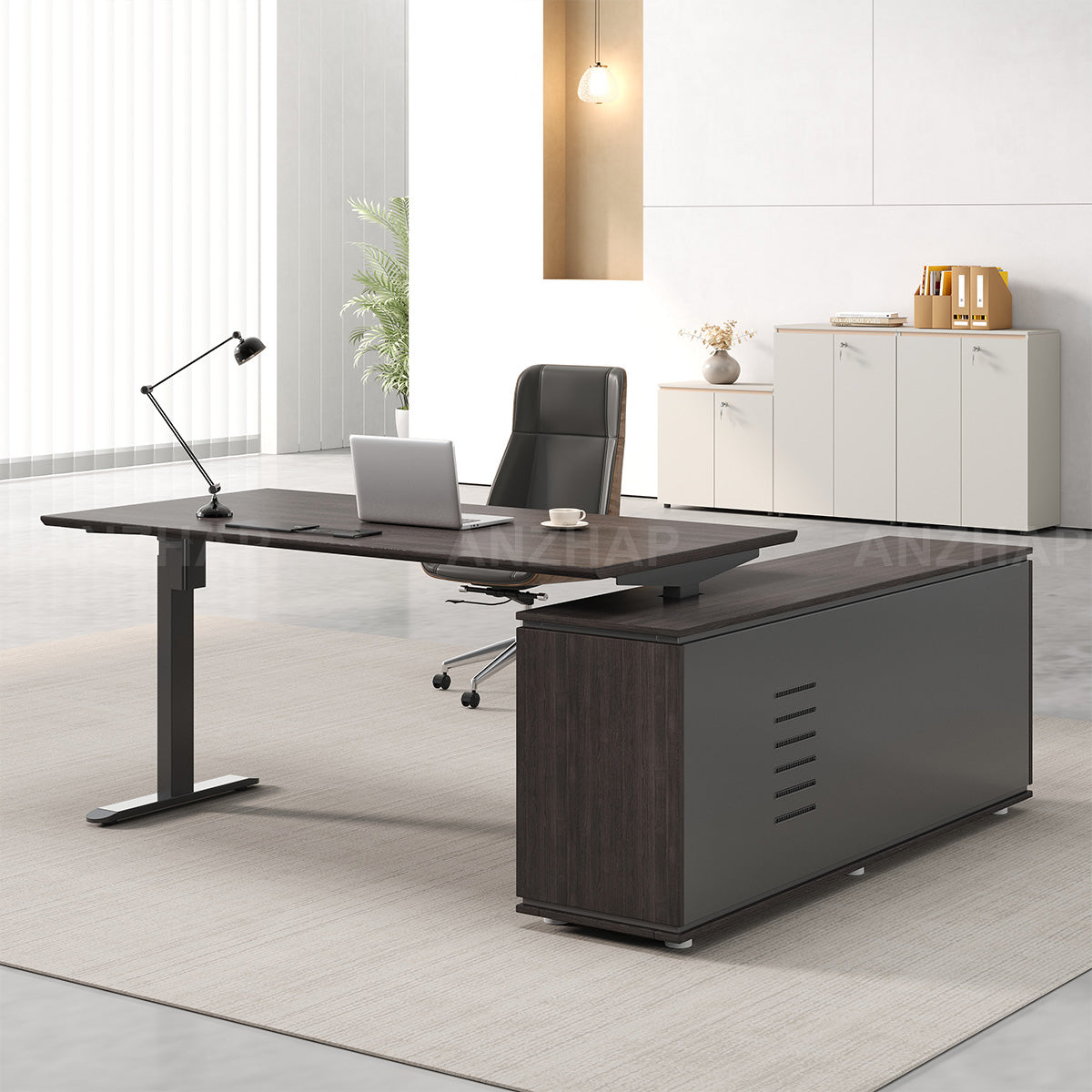 Electric Height-Adjustable Executive Desk with Power Outlet and Side Storage Cabinet (In Stock)