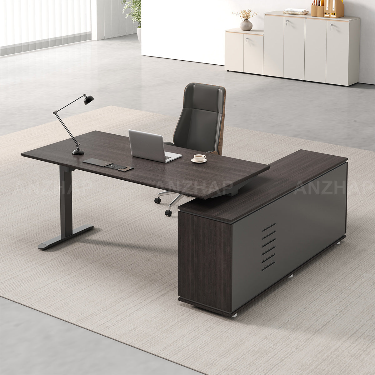 Electric Height-Adjustable Executive Desk with Power Outlet and Side Storage Cabinet (In Stock)