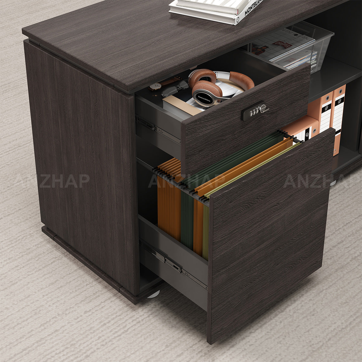 Electric Height-Adjustable Executive Desk with Power Outlet and Side Storage Cabinet (In Stock)