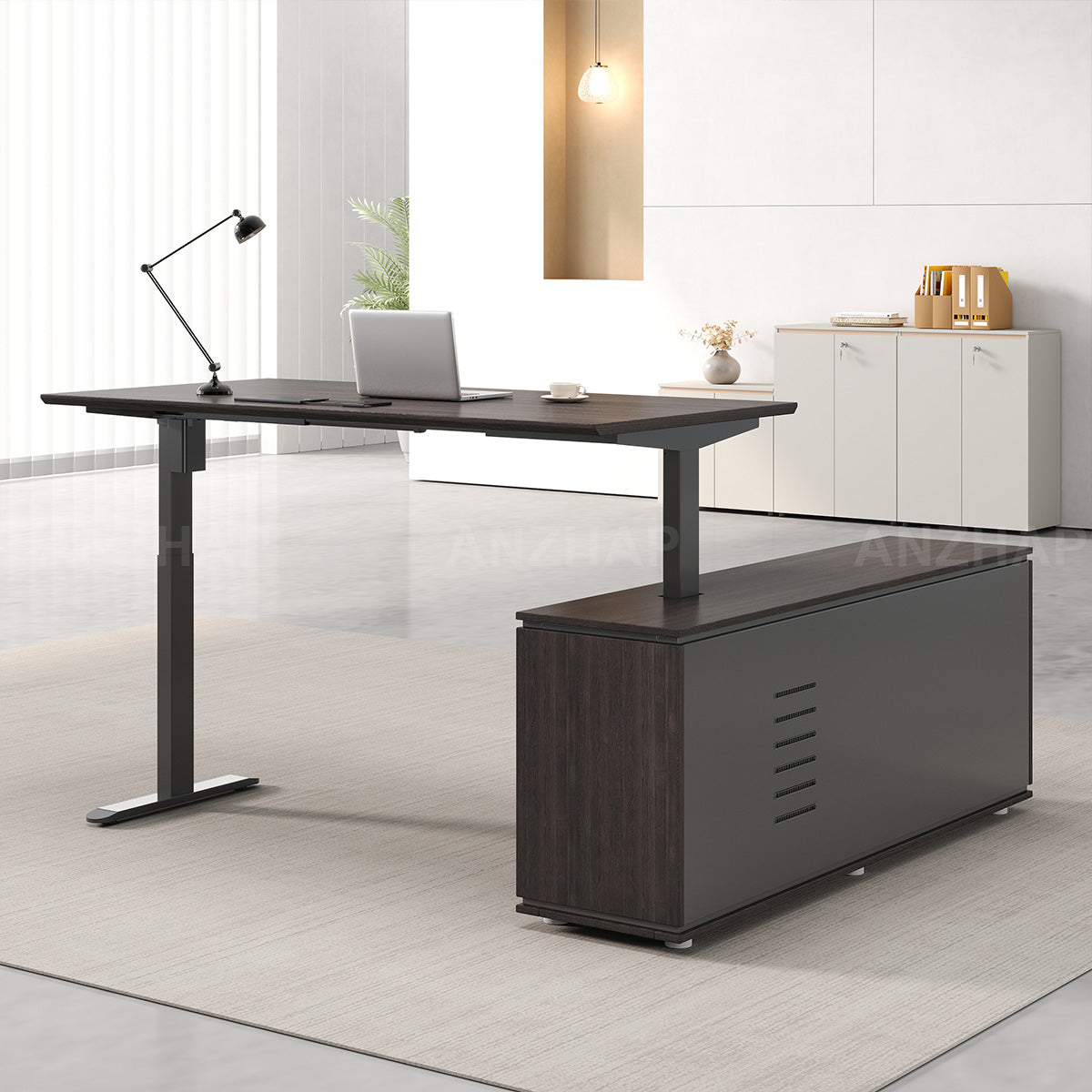 Electric Height-Adjustable Executive Desk with Power Outlet and Side Storage Cabinet (In Stock)