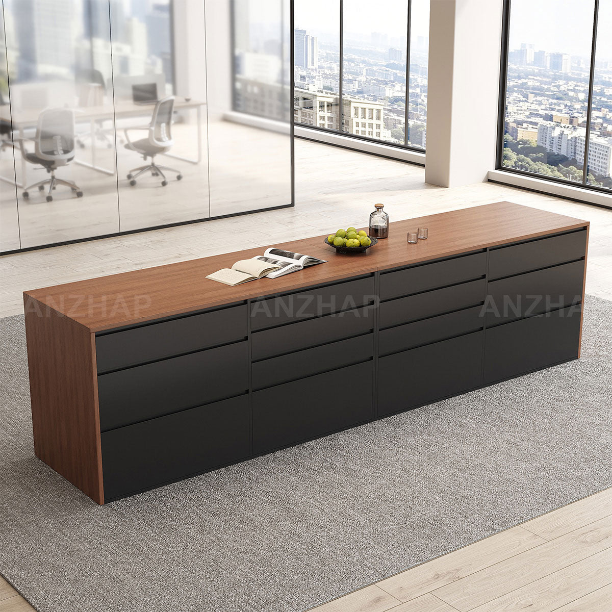 Elegant 142" L Large Storage Cabinet with Rear Pull-out Storage Compartments & Bottom Storage Cabinets for Kitchen, Dining Areas, Office & Bar Spaces (In Stock)