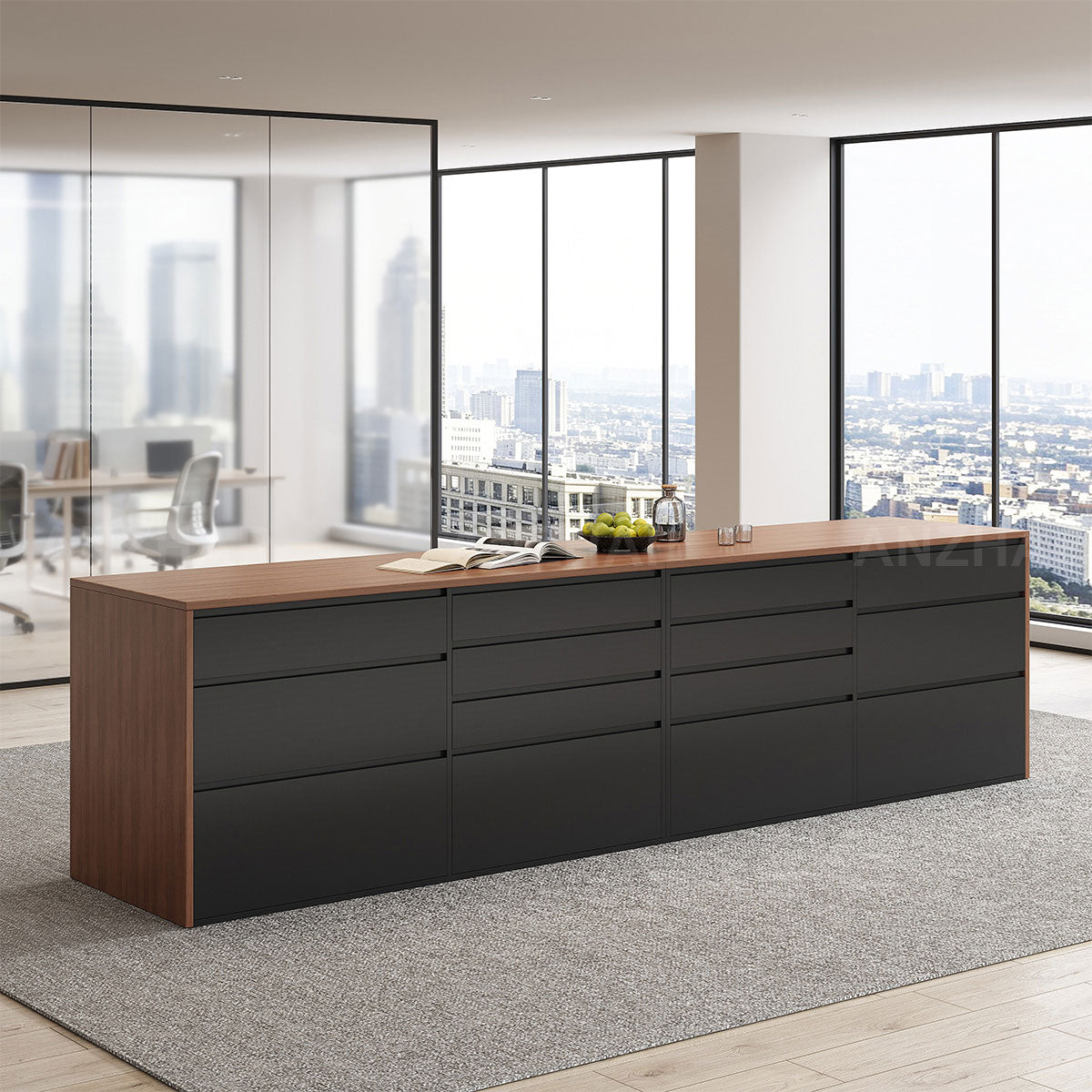 Elegant 142" L Large Storage Cabinet with Rear Pull-out Storage Compartments & Bottom Storage Cabinets for Kitchen, Dining Areas, Office & Bar Spaces（Stock Items）