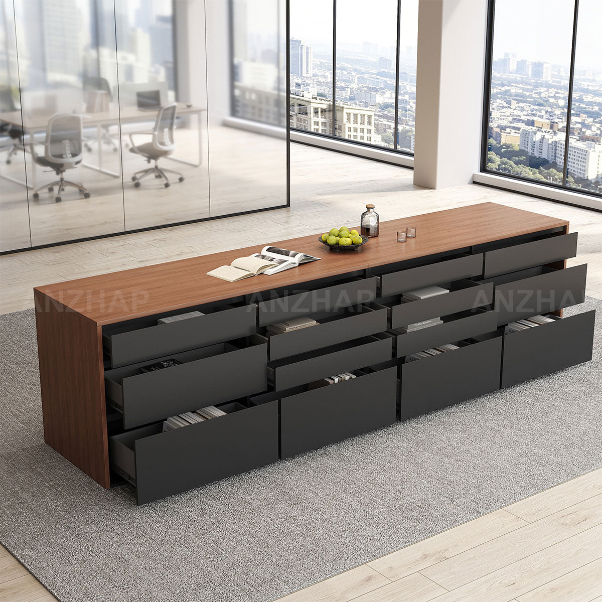Elegant 142" L Large Storage Cabinet with Rear Pull-out Storage Compartments & Bottom Storage Cabinets for Kitchen, Dining Areas, Office & Bar Spaces（Stock Items）