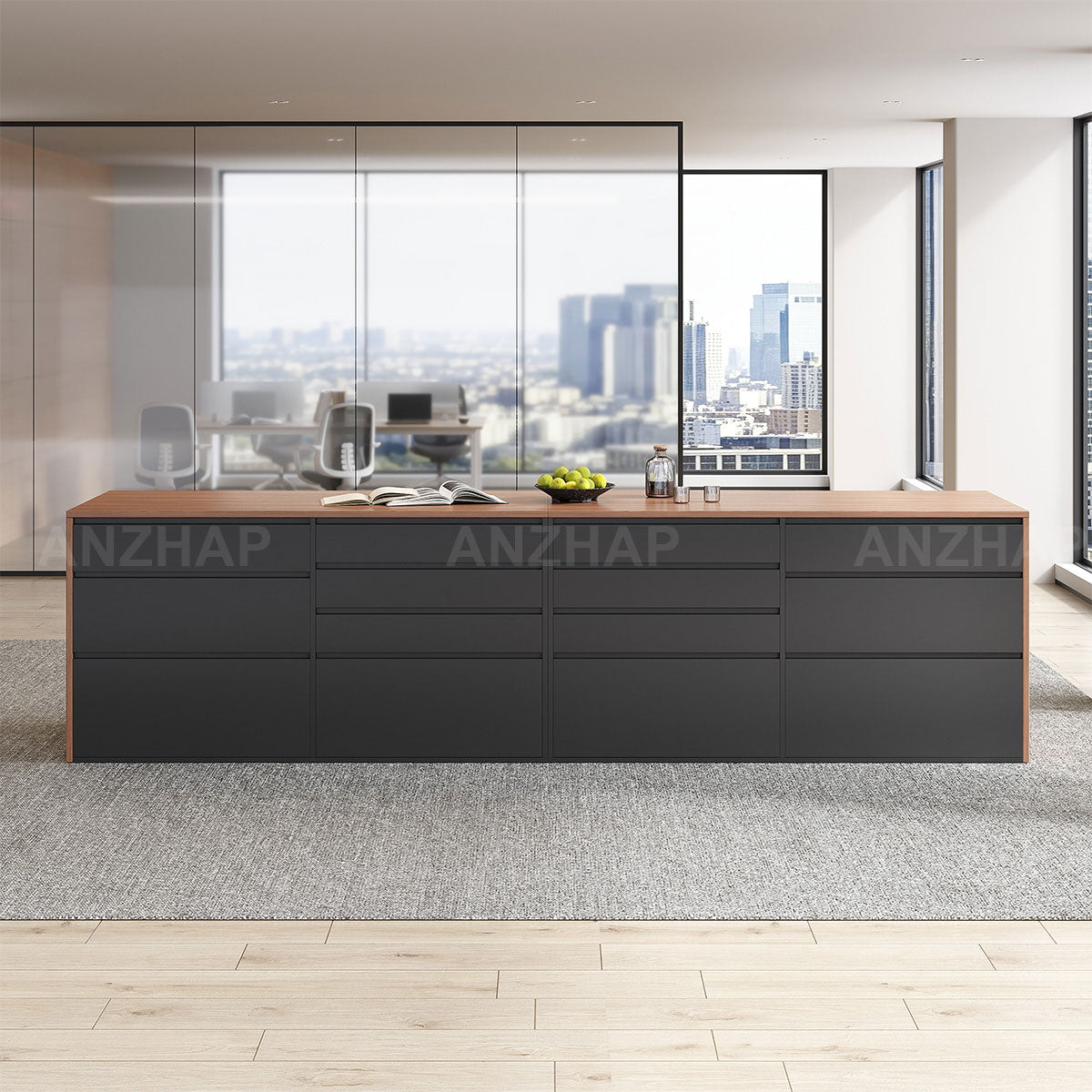Elegant 142" L Large Storage Cabinet with Rear Pull-out Storage Compartments & Bottom Storage Cabinets for Kitchen, Dining Areas, Office & Bar Spaces（Stock Items）
