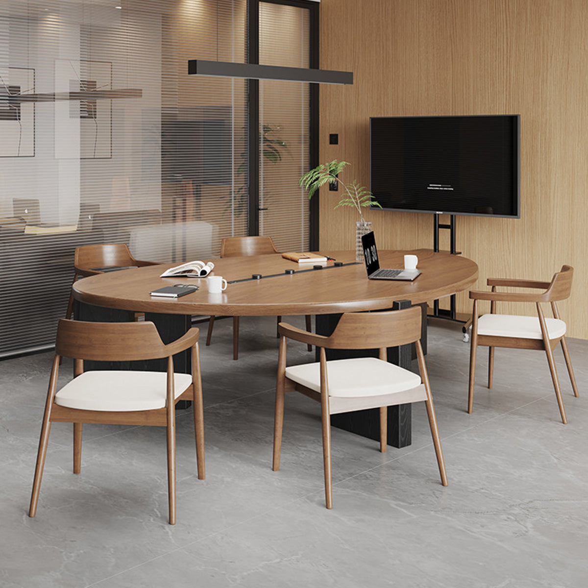 Solid Wood Conference Table and Chair Set of Different Shapes & Sizes Size: L94" x W35" x H30" / Style: 94” Conference Table + 5 Hiroshima Chairs / Color: Walnut