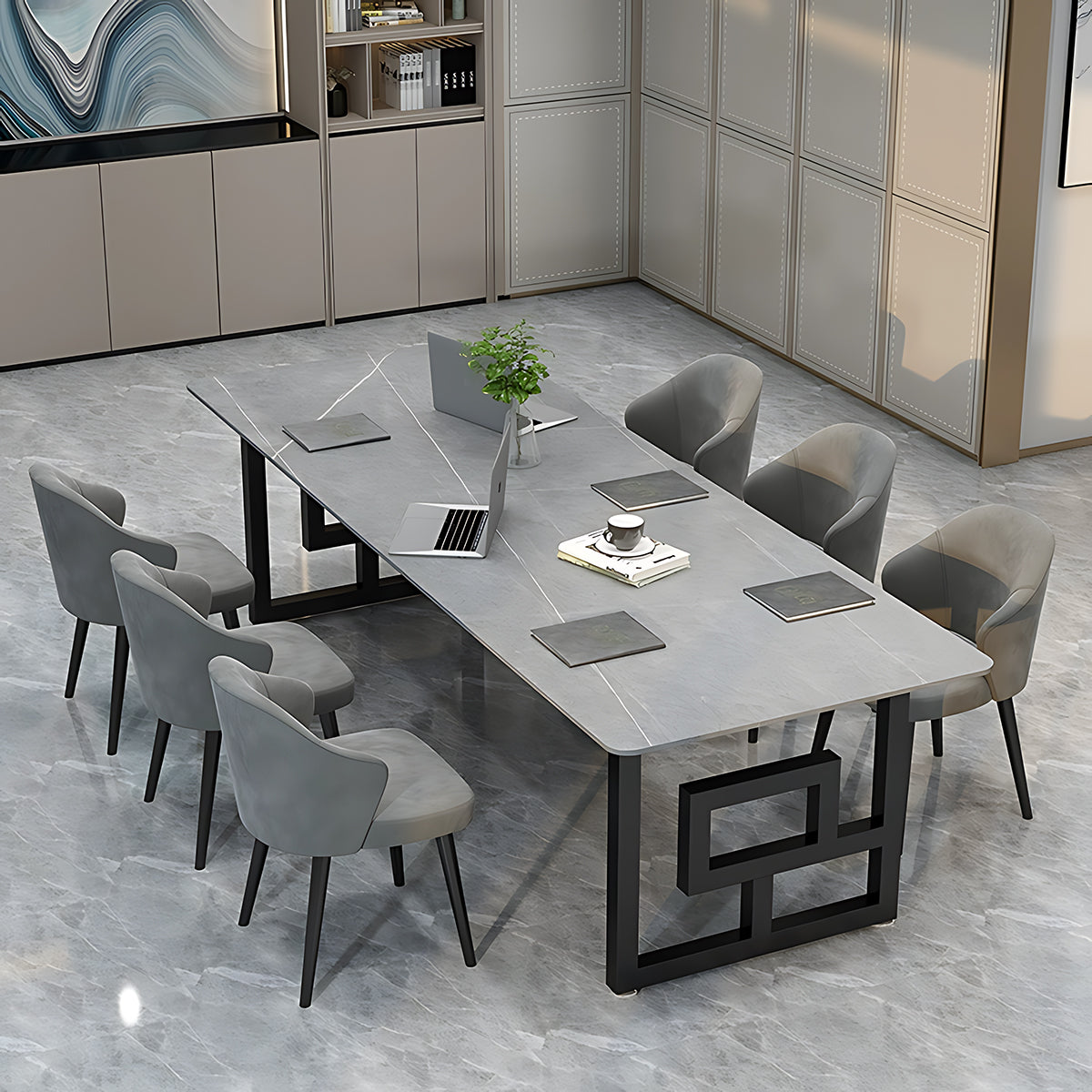 Nordic-Style Marble and Slate Rectangular Conference Table