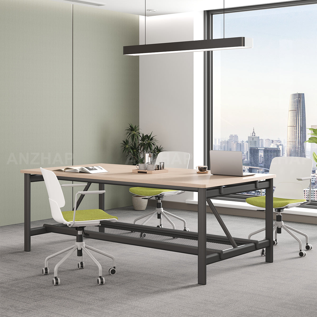 Conference Table with Display Mounting Panel, Metal Frame & Under-Table Mesh Storage（Stock Items）