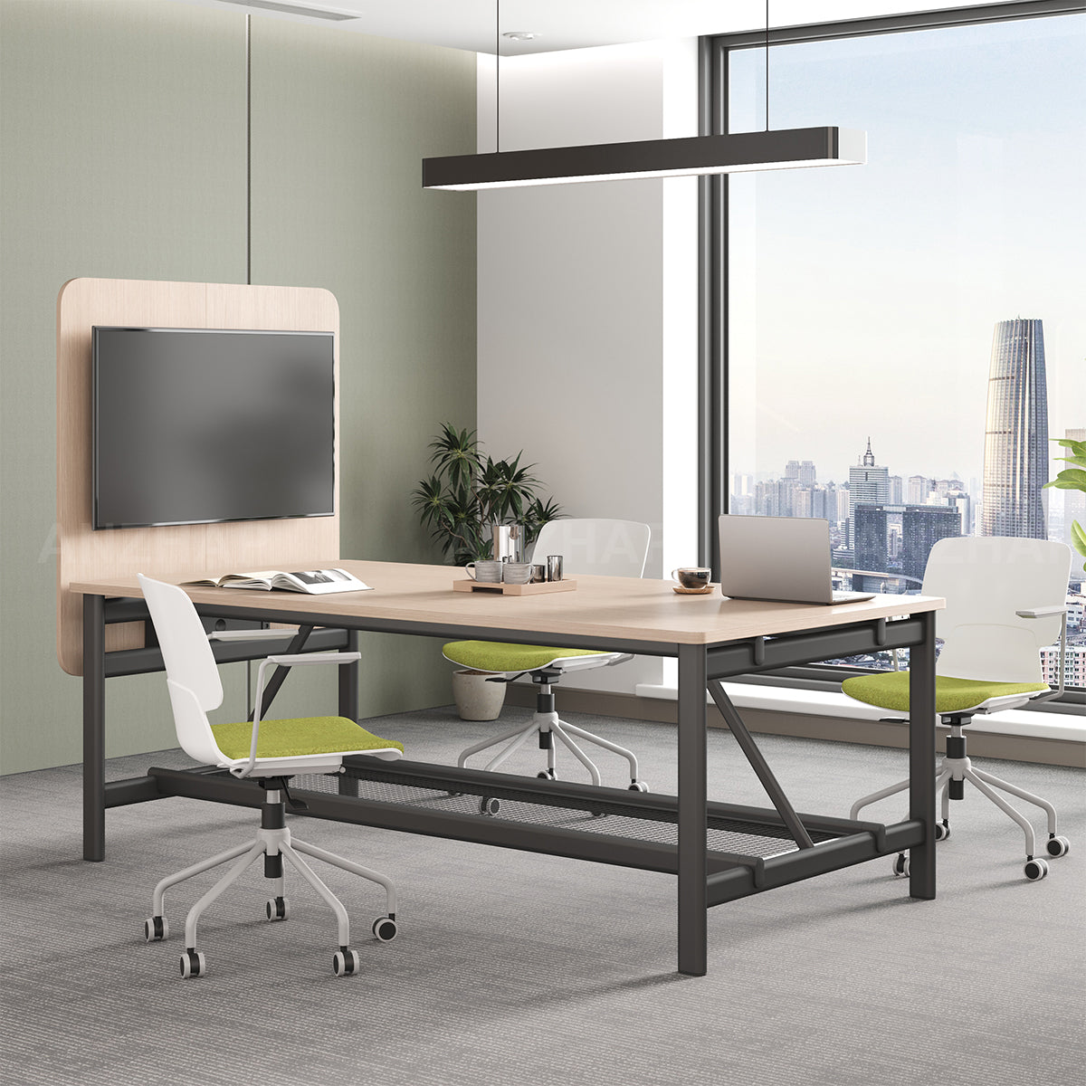 Conference Table with Display Mounting Panel, Metal Frame & Under-Table Mesh Storage（Stock Items）