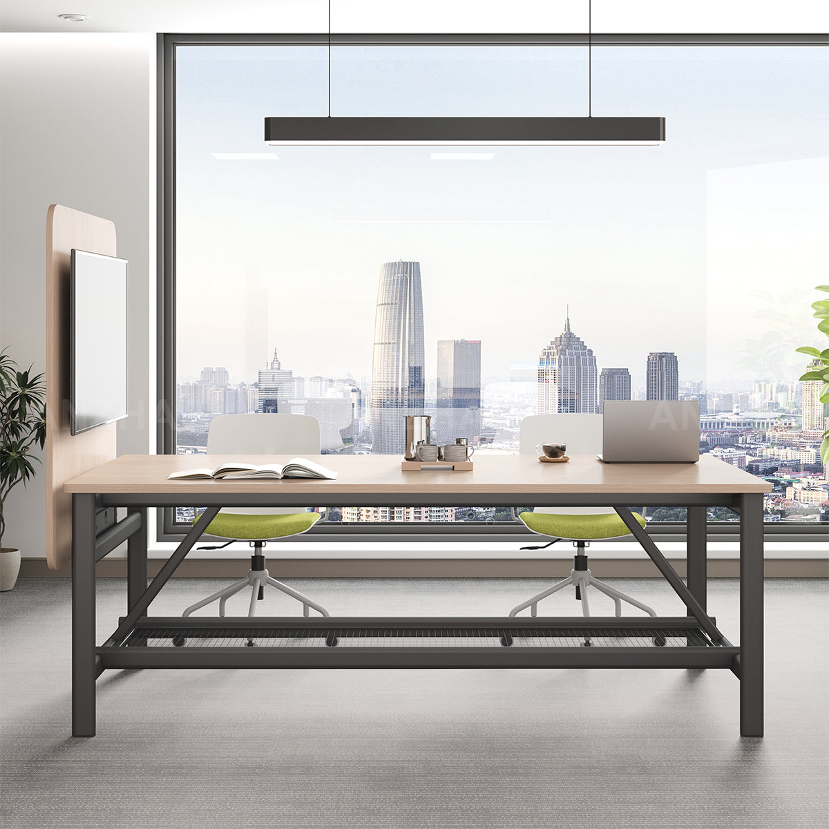 Conference Table with Display Mounting Panel, Metal Frame & Under-Table Mesh Storage（Stock Items）