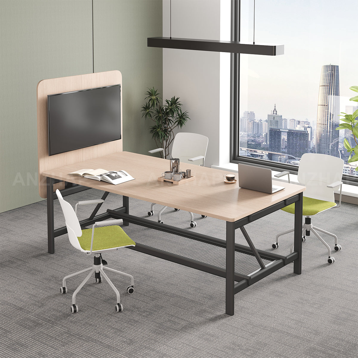 Conference Table with Display Mounting Panel, Metal Frame & Under-Table Mesh Storage（Stock Items）