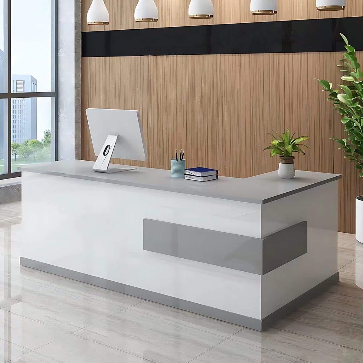 Sleek Luxurious L-Shaped Reception Desk with Thick Desktop（Stock Items）