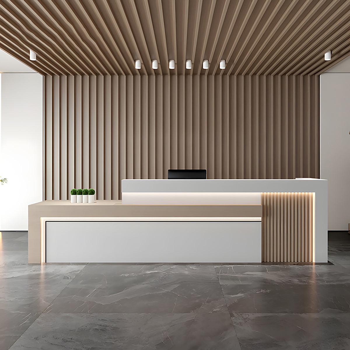 Modern Reception Desk 63–134 in Wide with Lockable Drawers, Transaction Counter, Marble Top & for Office Lobby（Stock Items）