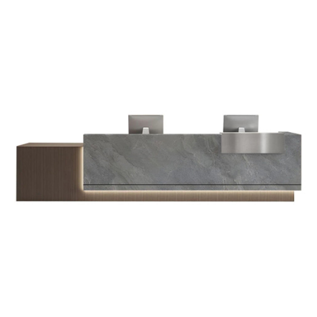 Modern Reception Desk 87–126 in Wide with LED Accent Lighting, File Drawers, Metal Base & Marble Top