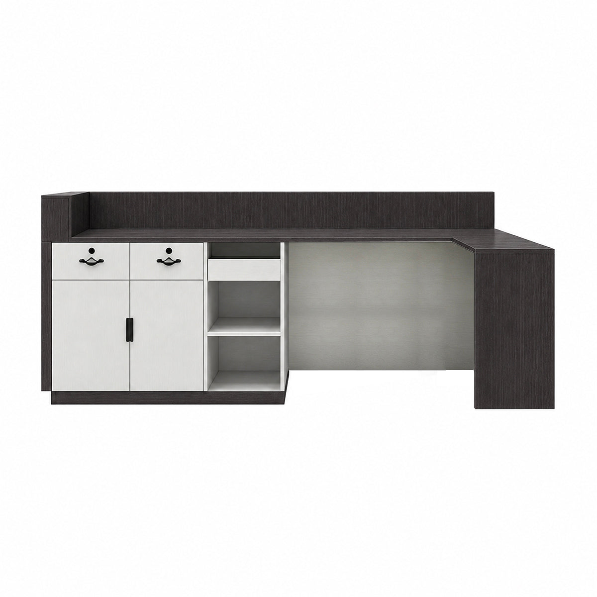 Modern Minimalist Reception Desk 31–142 in Wide with Lockable Drawers, Privacy Panel, Transaction Counter & Wood Slat Design