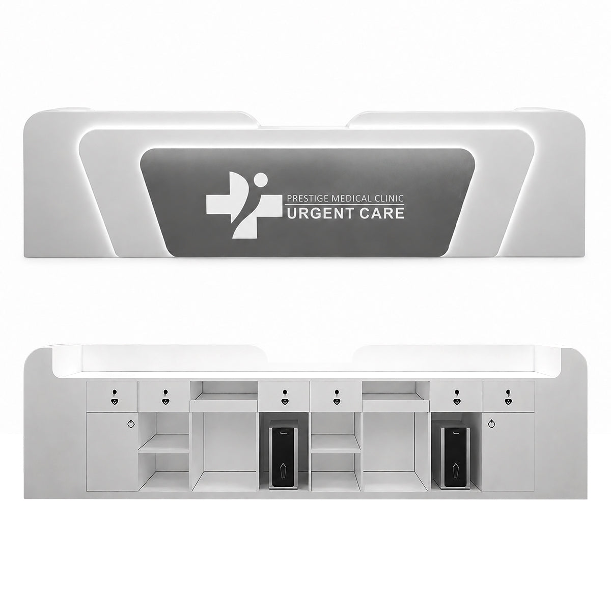 Reception Desk 71–138 in Wide with LED Accent Lighting, Ample Storage, Transaction Counter & Metal Base
