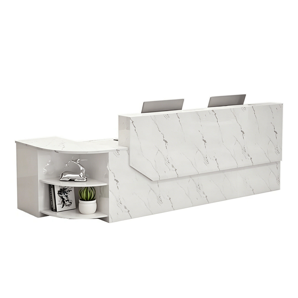 Reception Desk, Front Panel & Tabletop Custom – White Stone Grain Rounded Corner on the Right Customizable, Front Panel & Tabletop Custom – White Stone...
