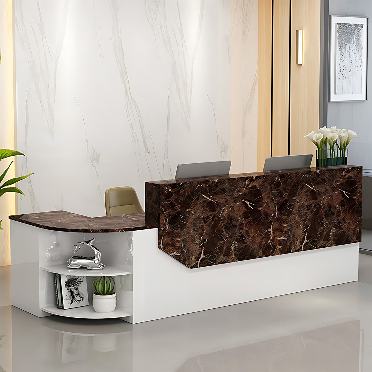 Simple L-shape Wood Reception Desk with Filing Cabinet（Stock Items）