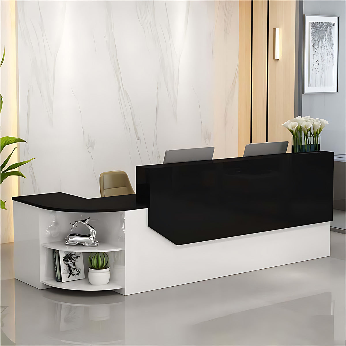 Simple L-shape Wood Reception Desk with Filing Cabinet（Stock Items）