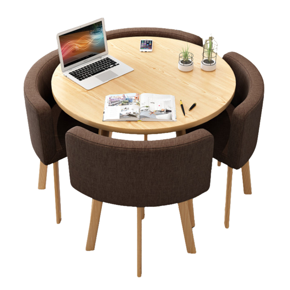 Salon & Retail Reception Desks-1, Natural Round Table Dark Brown Fabric Chair Natural Frame, Natural Round Table finish, L31" x W31" x H29", for...