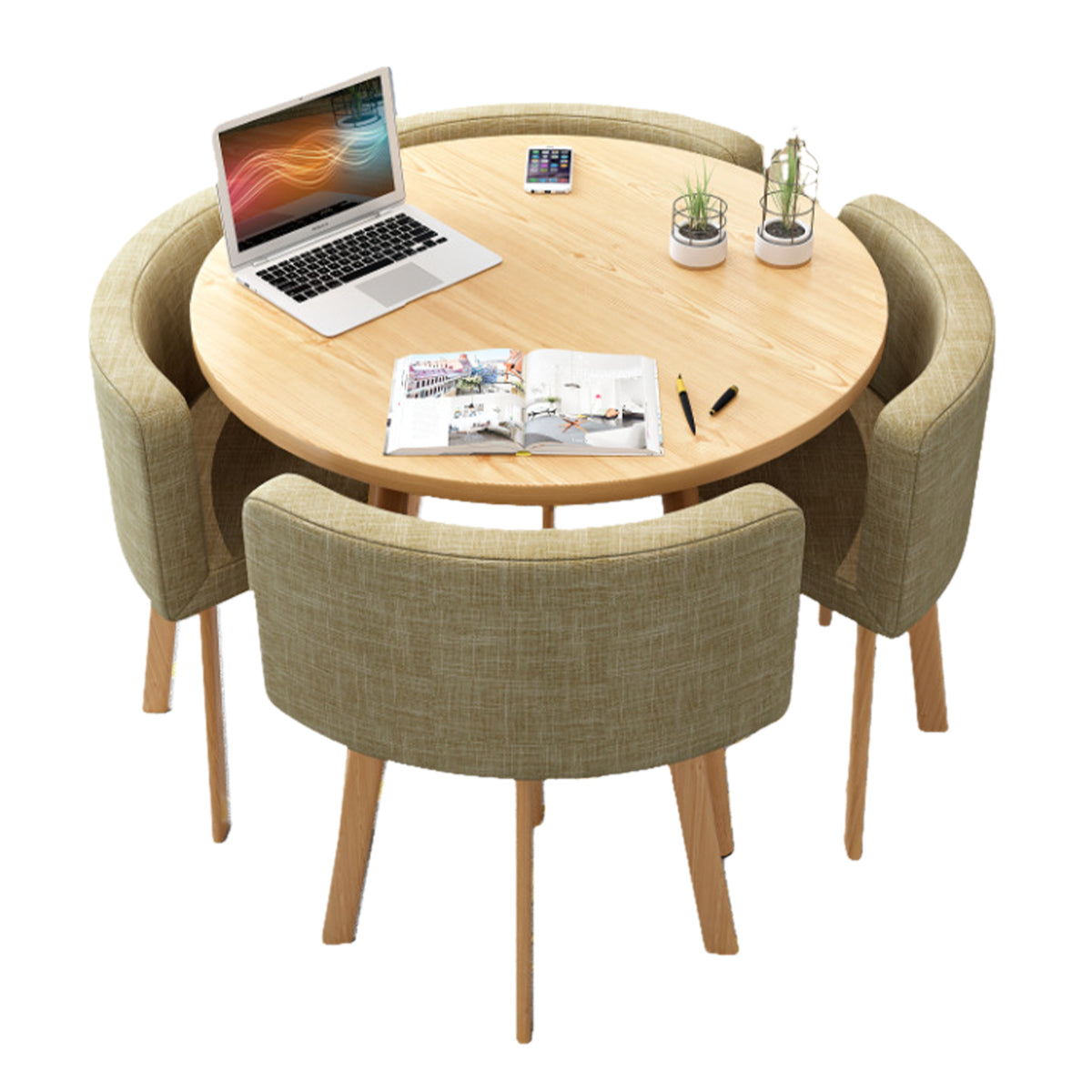 Salon & Retail Reception Desks-1, Natural Round Table Khaki Fabric Chair Natural Frame, Natural Round Table finish, L31" x W31" x H29", for reception...