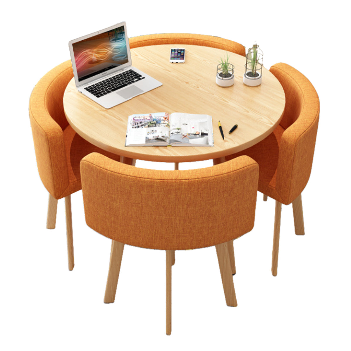 Salon & Retail Reception Desks-1, Natural Round Table Orange Fabric Chair Natural Frame, Natural Round Table finish, L31" x W31" x H29", for reception...