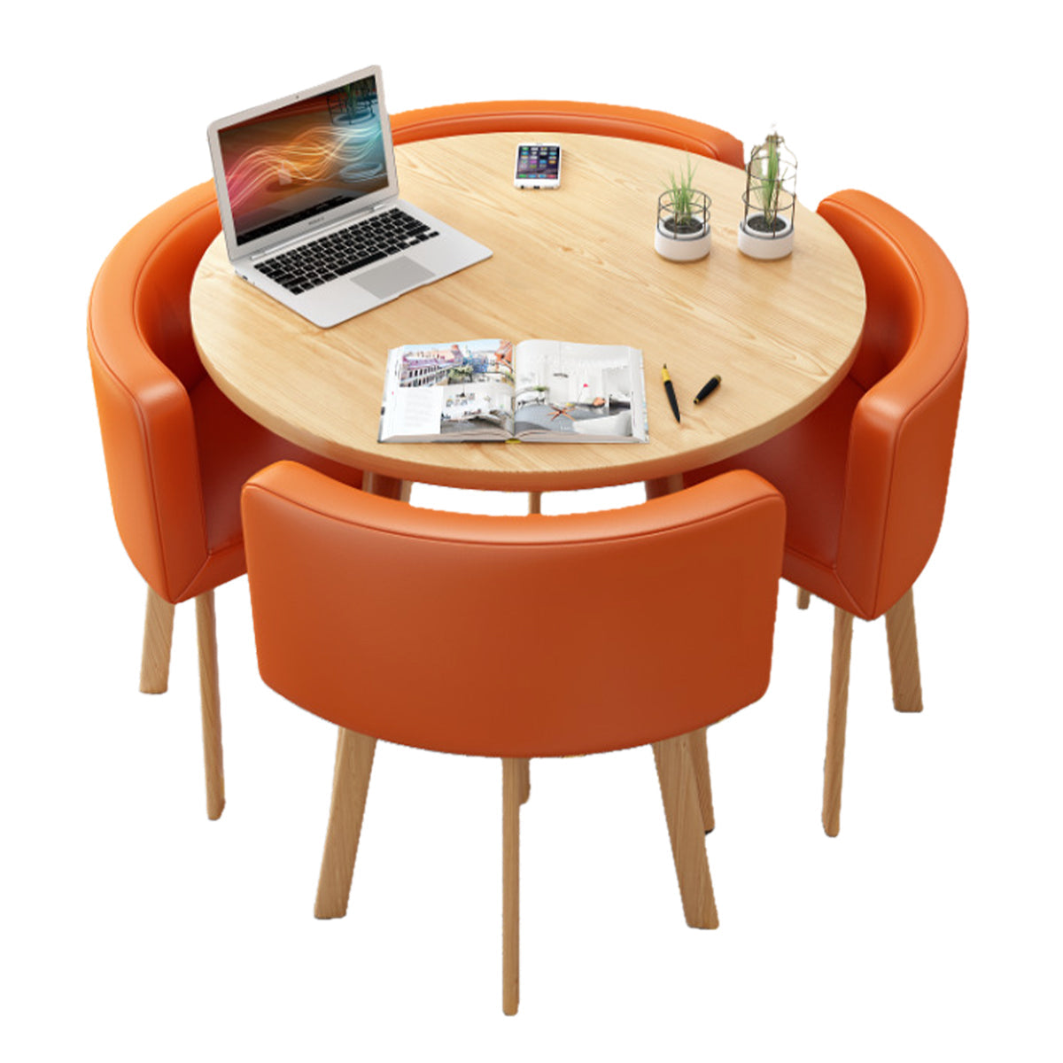 Salon & Retail Reception Desks-1, Natural Round Table Orange Leather Chair Natural Frame, Natural Round Table finish, L31" x W31" x H29", for reception...