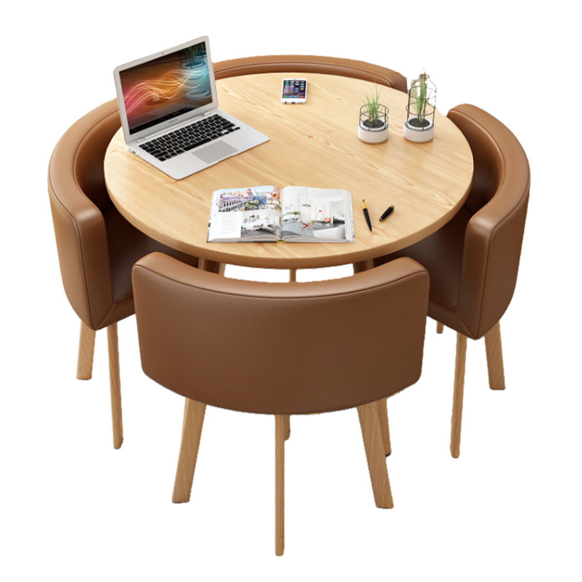 Salon & Retail Reception Desks-1, Natural Round Table Brown Leather Chair Natural Frame, Natural Round Table finish, L31" x W31" x H29", for reception...