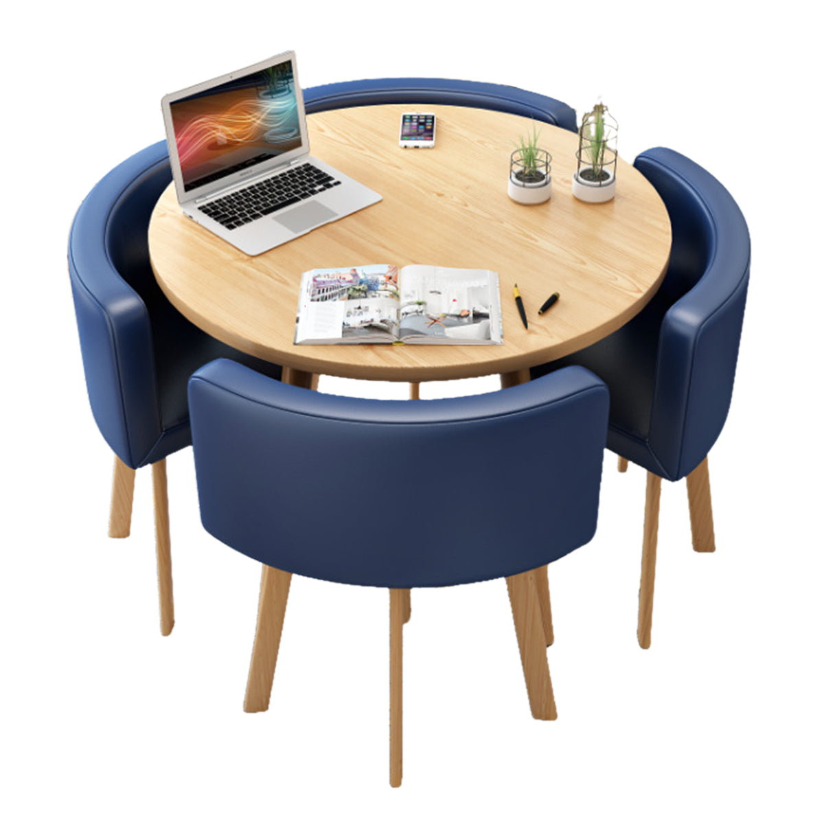 Salon & Retail Reception Desks-1, Natural Round Table Dark Blue Leather Chair Natural Frame, Natural Round Table finish, L31" x W31" x H29", for...