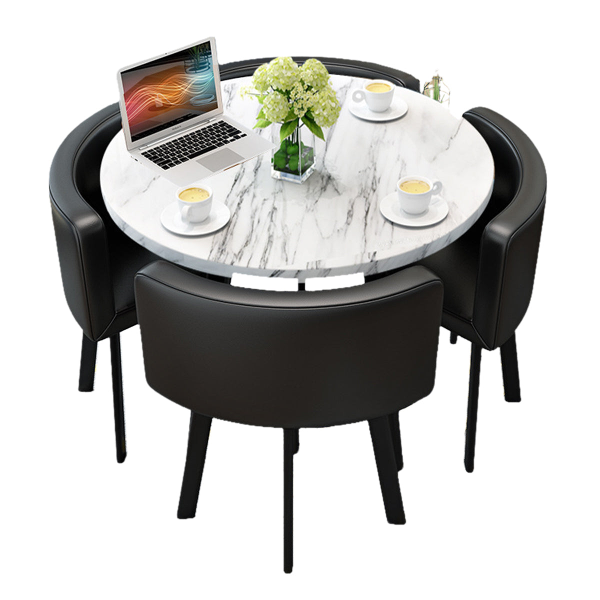 Salon & Retail Reception Desks-1, White Textured Round Table Black Leather Chair Black Frame, White Textured Round Table finish, L31" x W31" x H29",...