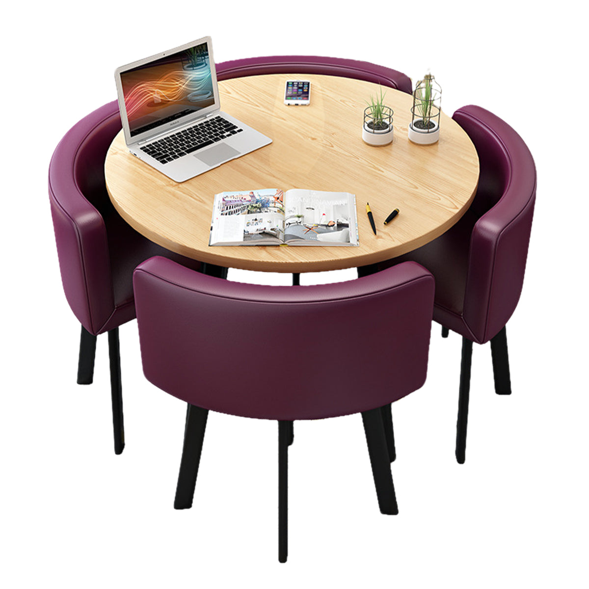 Salon & Retail Reception Desks-1, Natural Round Table Purple Leather Chair Black Frame, Natural Round Table finish, L31" x W31" x H29", for reception...
