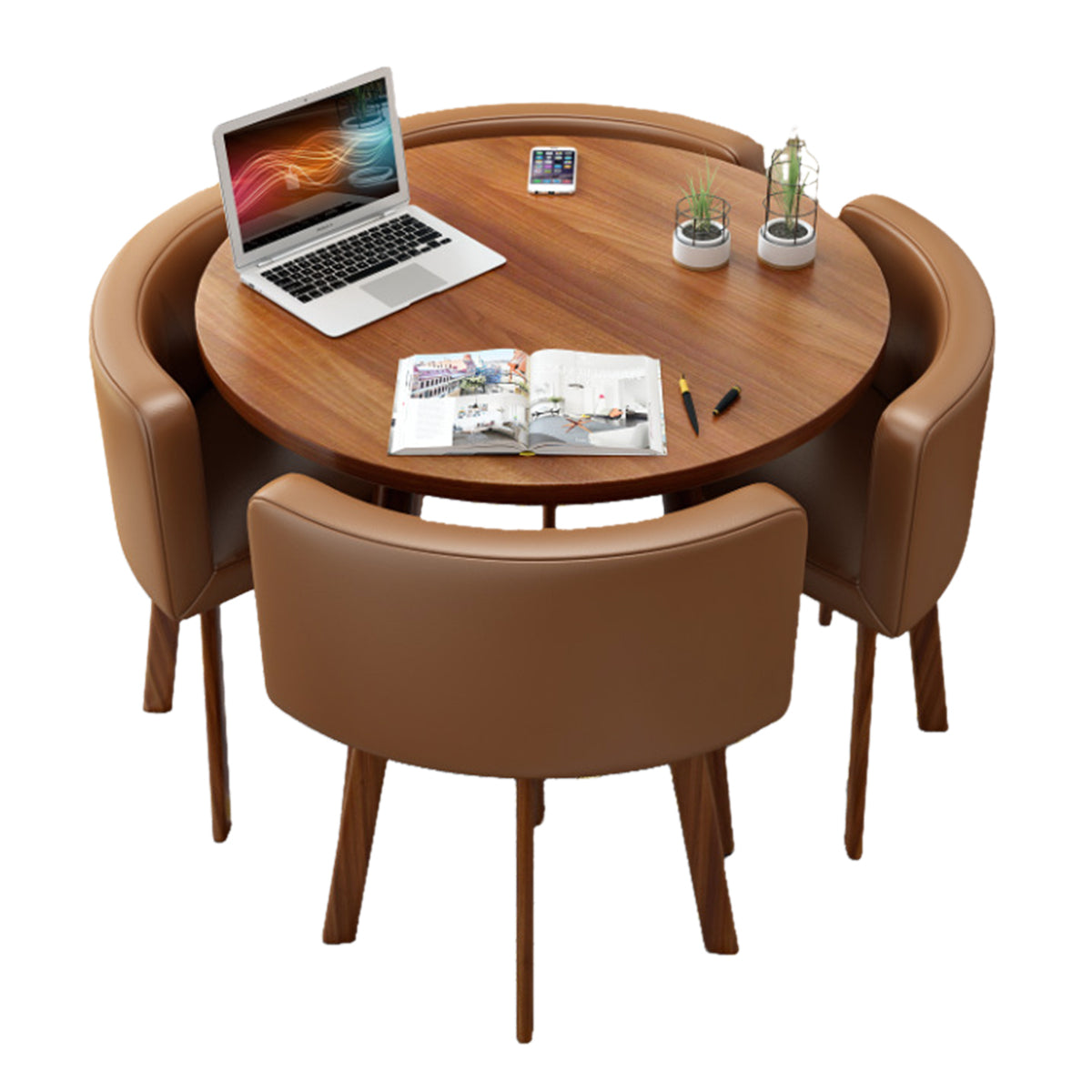 Salon & Retail Reception Desks-1, Walnut Round Table Brown Leather Chair Walnut Frame, Walnut Round Table finish, L31" x W31" x H29", for reception...