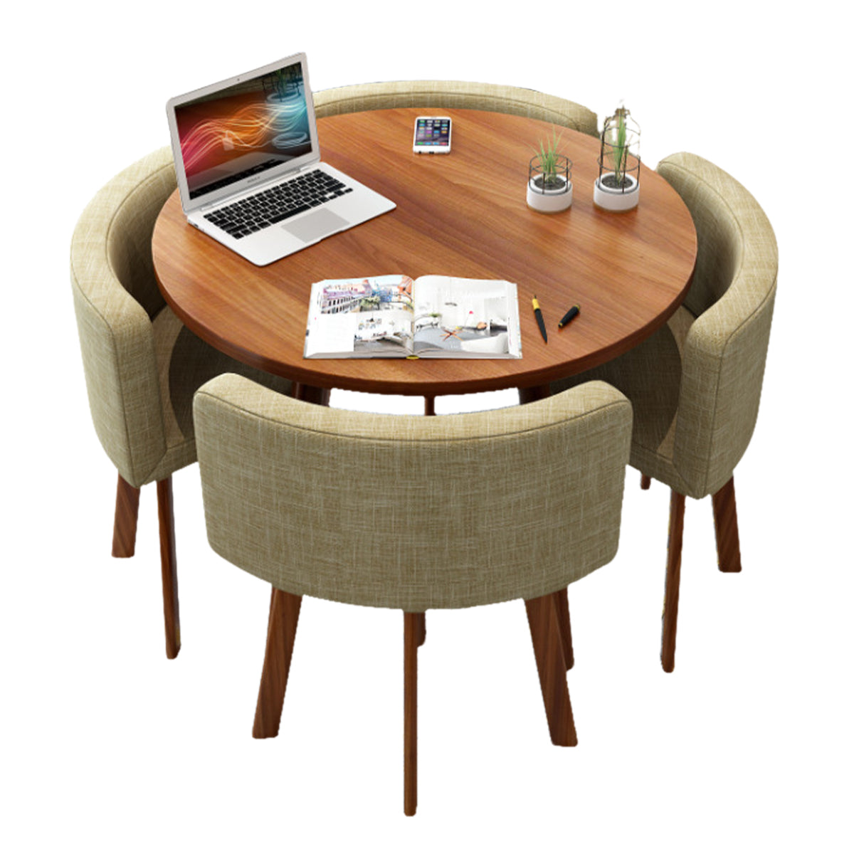 Salon & Retail Reception Desks-1, Walnut Round Table Khaki Fabric Chair Walnut Frame, Walnut Round Table finish, L31" x W31" x H29", for reception area...
