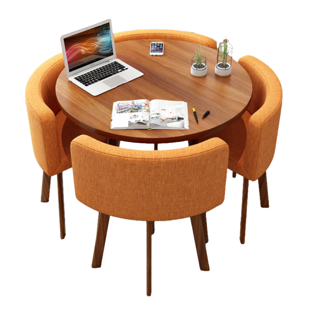Salon & Retail Reception Desks-1, Walnut Round Table Orange Fabric Chair Walnut Frame, Walnut Round Table finish, L31" x W31" x H29", for reception...