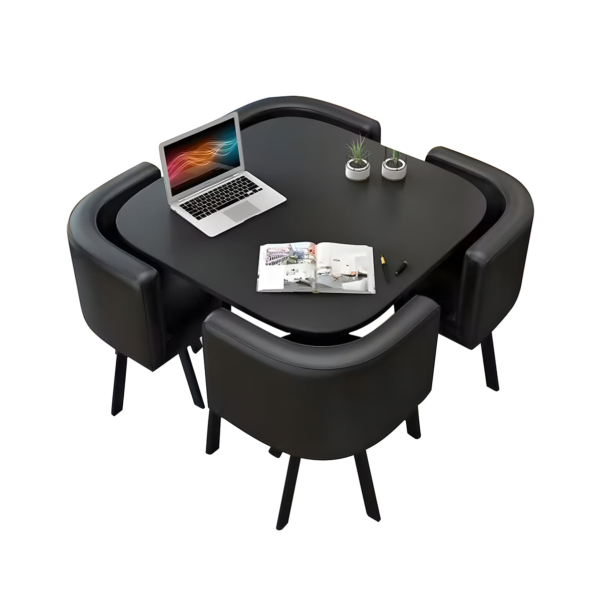 Salon & Retail Reception Desks-1, Black Square Table Black Leather Chair Black Frame, Black Square Table finish, L31" x W31" x H29", for reception area...
