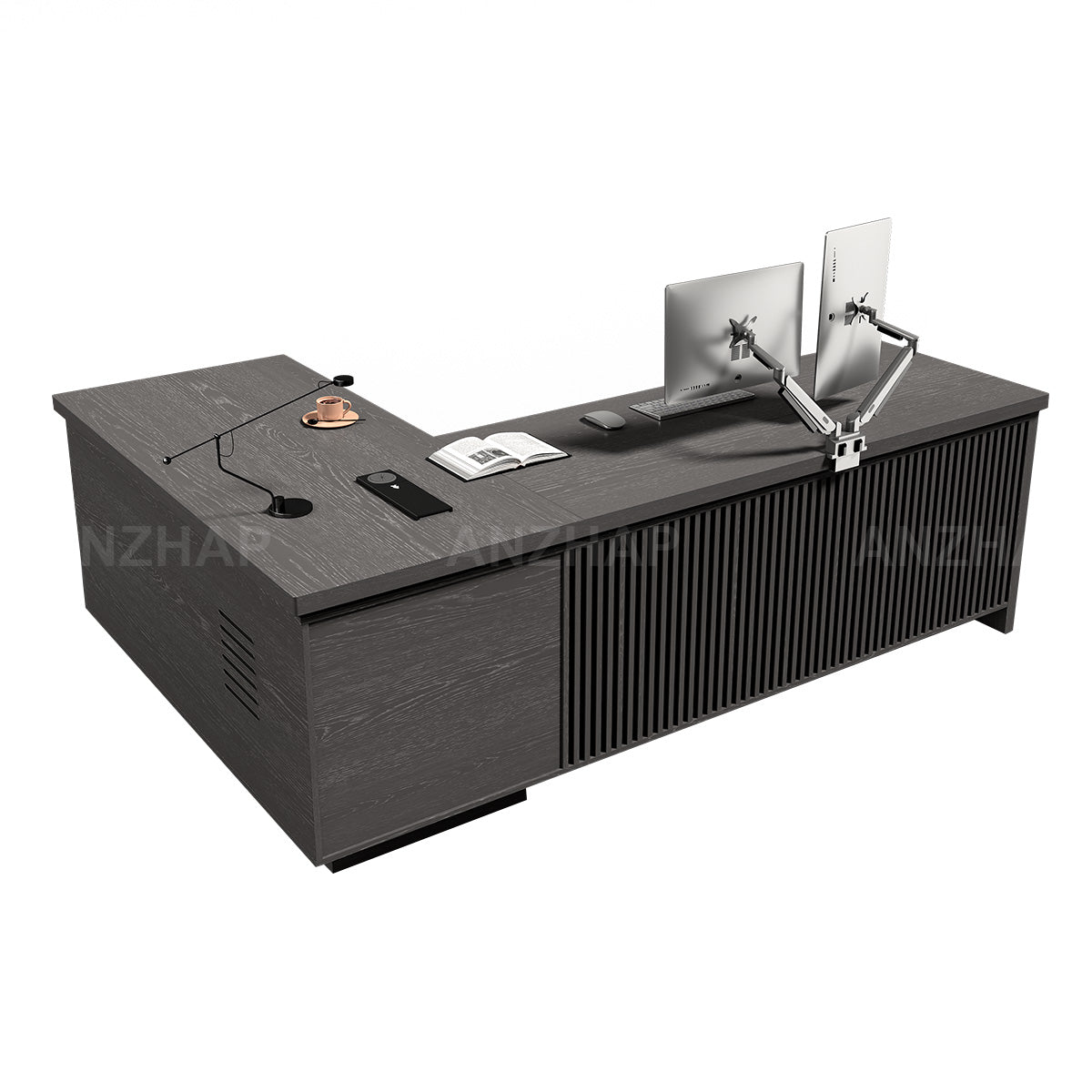 L-Shaped Executive Desk with Built-In Power, Side Storage & Slatted Modesty Panel (Stock items)