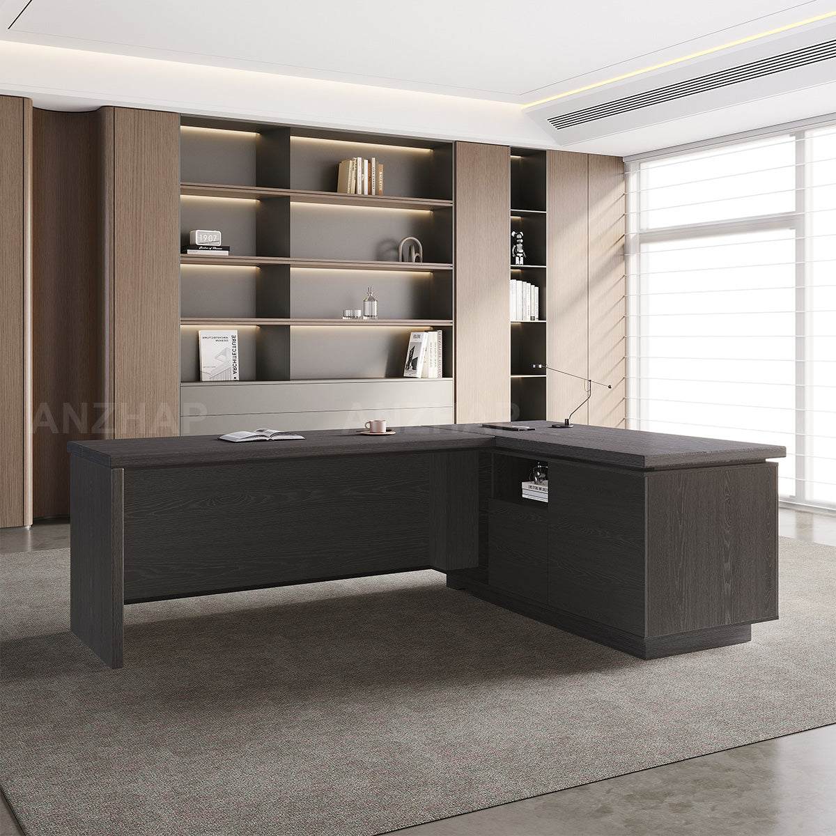 L-Shaped Executive Desk with Built-In Power, Side Storage & Slatted Modesty Panel (Stock items)