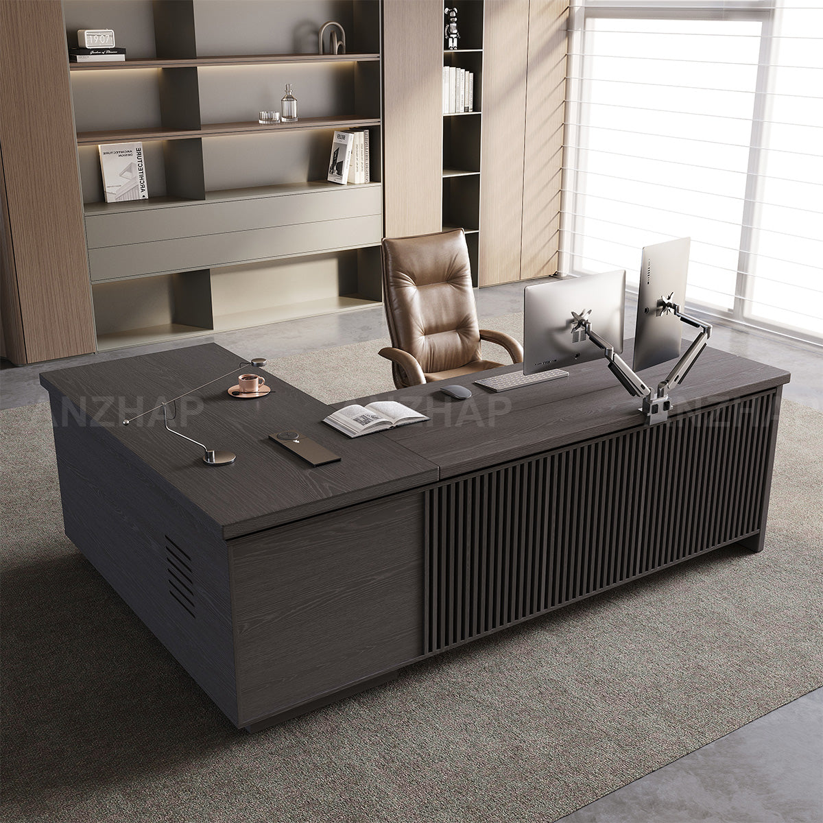 L-Shaped Executive Desk with Built-In Power, Side Storage & Slatted Modesty Panel (Stock items)